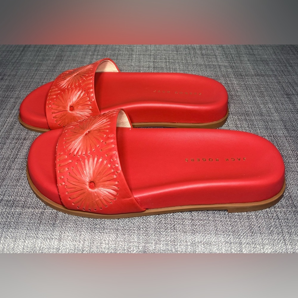 Jack Rogers Somerset Embroidered Leather Slide Sandal Fire Red - Picture 4 of 7